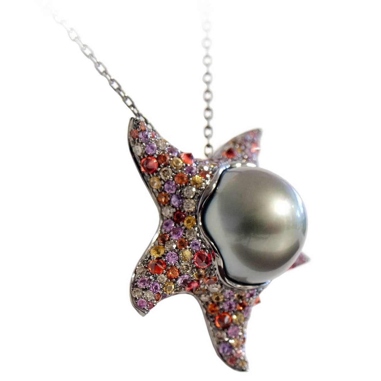 Multicolor Sapphire Brown Diamond Tahitian Pearl Gold Starfish Pendant