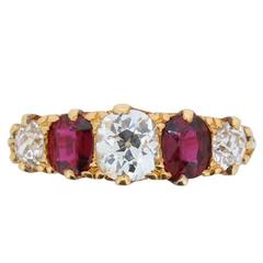 Victorian Five Stone Ruby Diamond Gold Ring circa 1880s