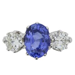 Sapphire Diamond White Gold Three Stone Ring circa 1950s