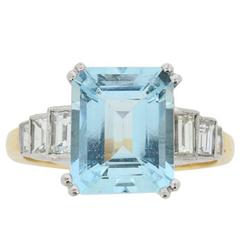 Retro 3.00 Carat Aquamarine Diamond Two Color Gold Ring circa 1970s