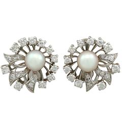 1970s Cultured Pearl and 1.22 Carat Diamond White Gold Clip-On Earrings 6