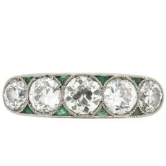 Antique Art Deco Diamond and Emerald Five Stone Ring, circa 1920s