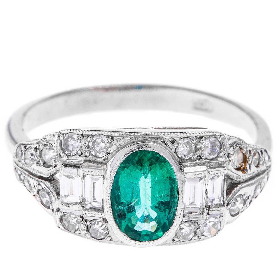 Art Deco 0.64 Carat Emerald Diamond White Gold Cocktail Ring