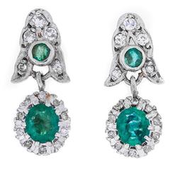 Antique 0.77 Carat Emerald Diamond Gold Drop Stud Earrings