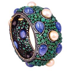 Emerald Tanzanite Pearl Bangle Bracelet