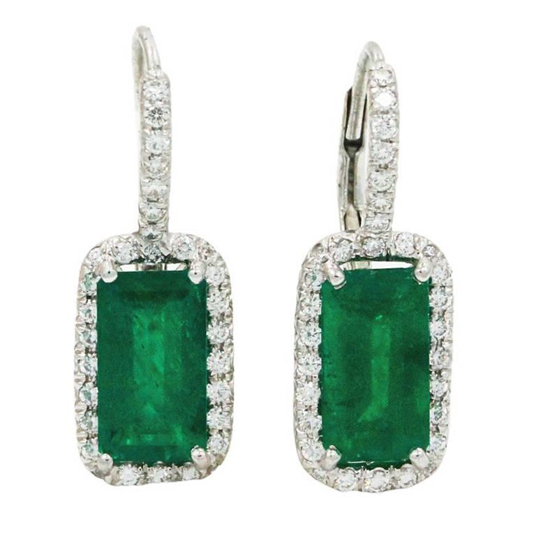 Emerald Diamond Platinum Earrings For Sale