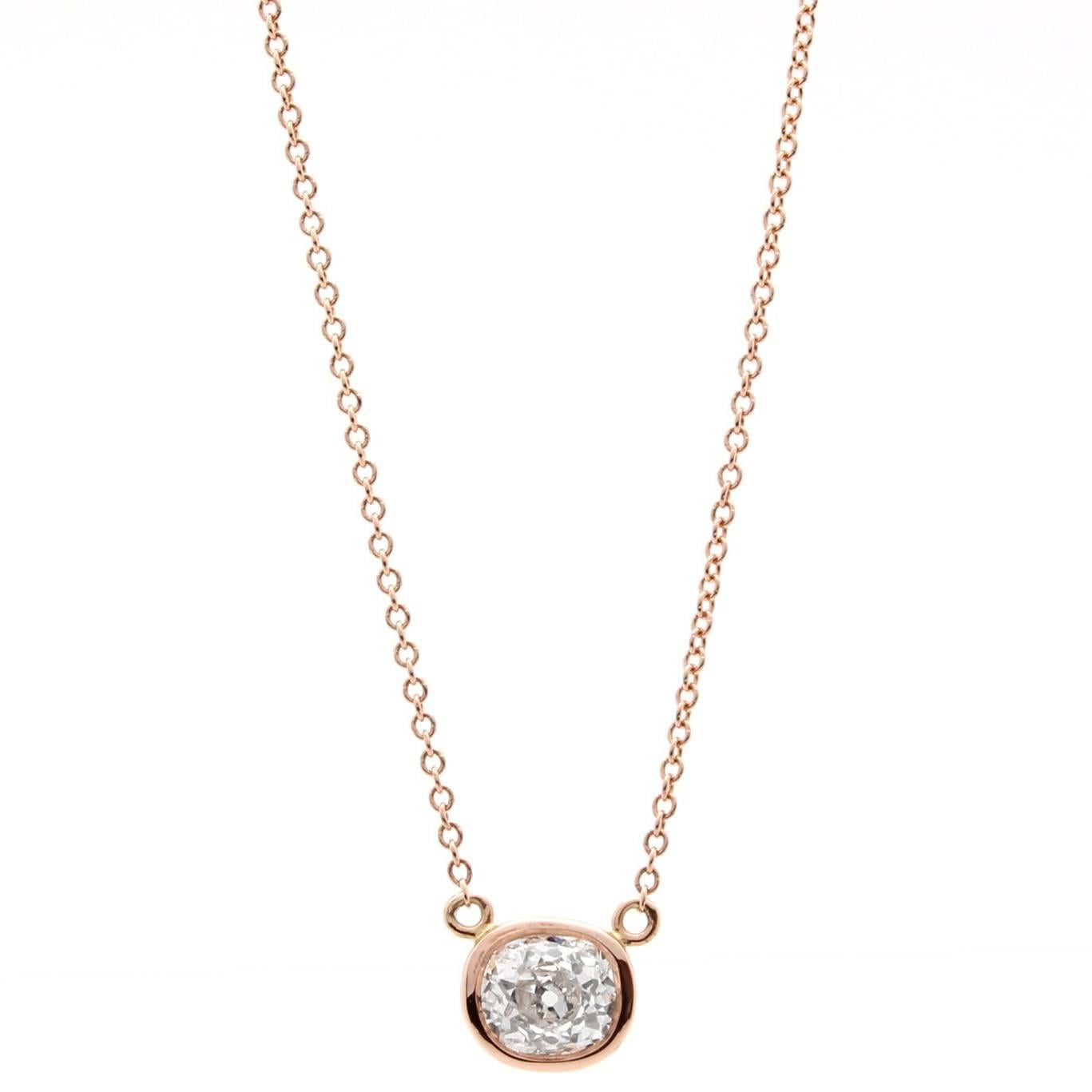 Solitaire 0.62 Carat Old Mine Cut Diamond Rose Gold Necklace