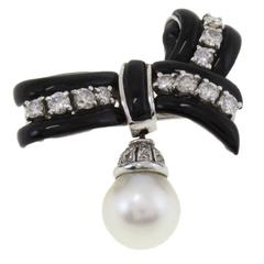 Luise Diamond Pearl Onyx Ribbon Brooch / Pendant 3