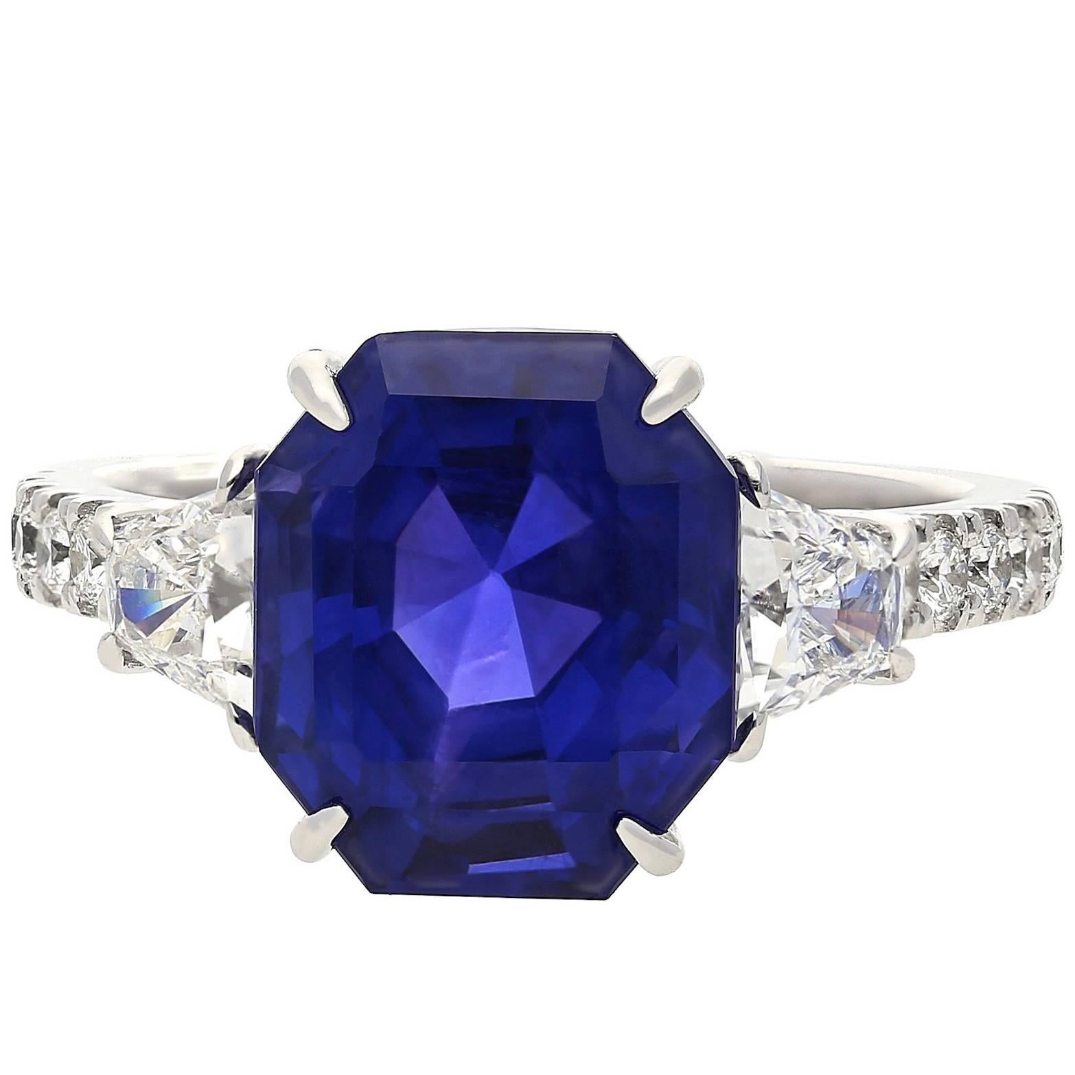 7.19 Carat Ceylon Emerald Cut Sapphire Diamond Gold Ring