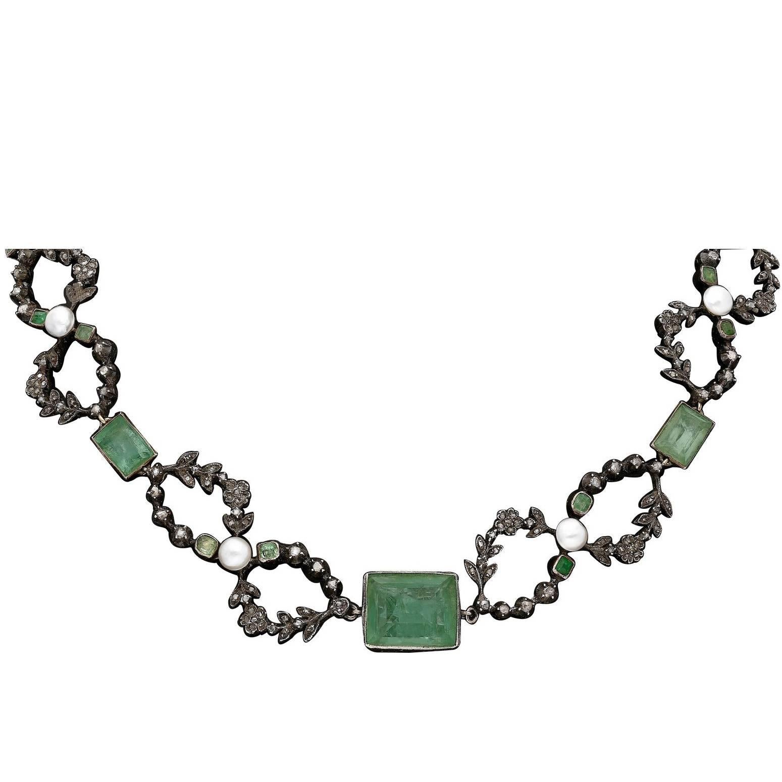 Edwardian Old Mine Emerald Pearl Diamond Platinum Silver Necklace