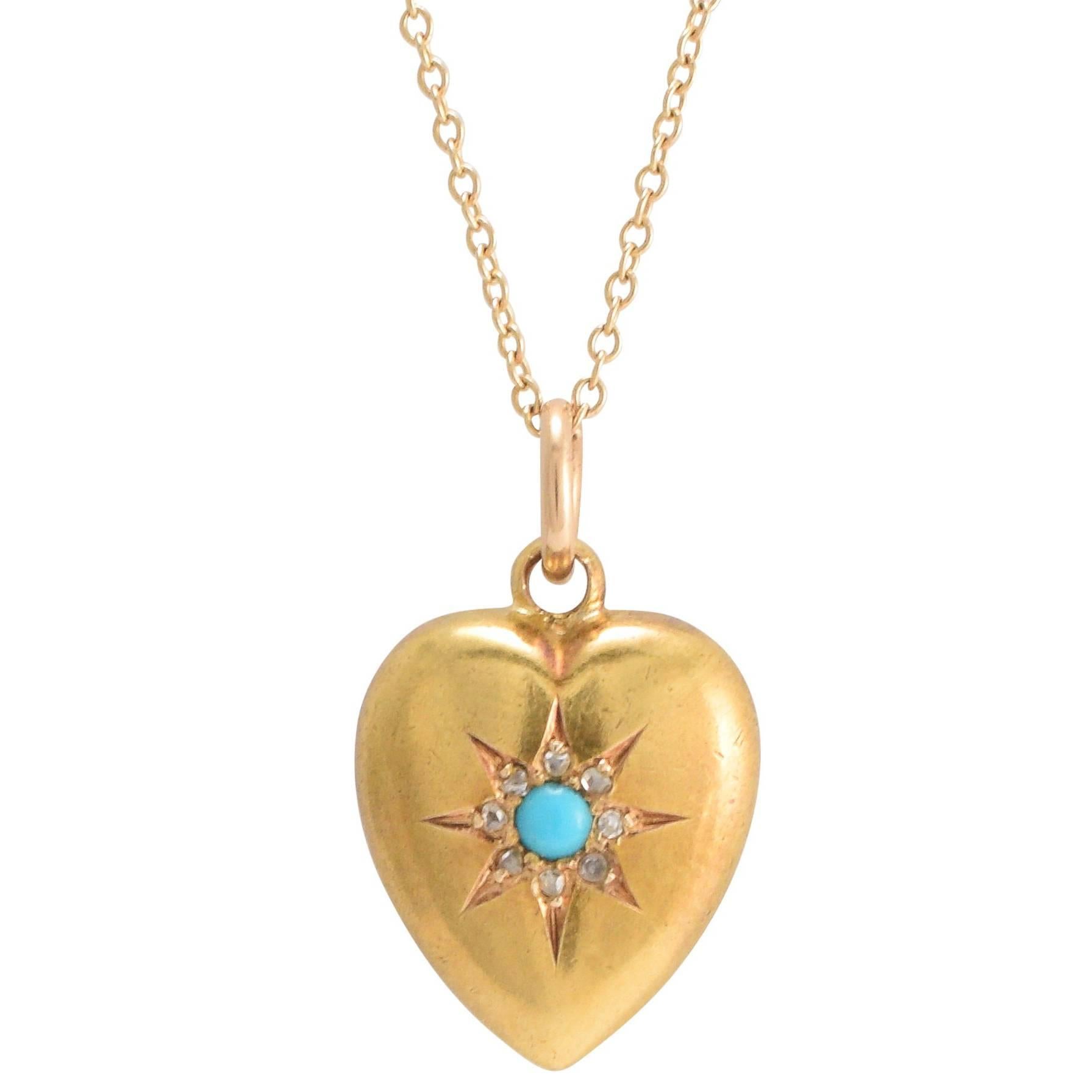 Victorian Turquoise Diamond Puffed Heart Pendant