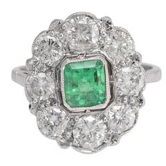 1920s Art Deco Emerald Diamond Flower Cluster Ring