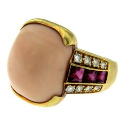 Coral Diamond Ruby Gold Ring