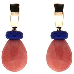 Peruvian Pink Opal Lapis Rondelle Gold Earrings
