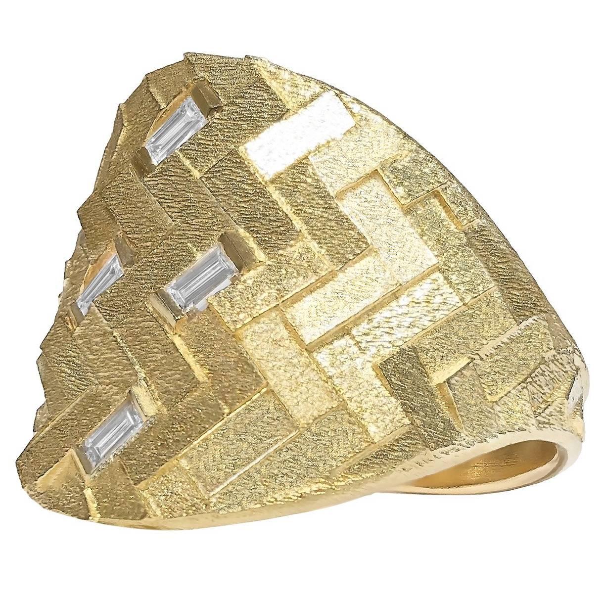 Jo Hayes Ward White Diamond Baguette Reflective Gold Curve Ring