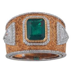 1970s Buccellati Emerald Diamond Bicolored Gold Band Ring