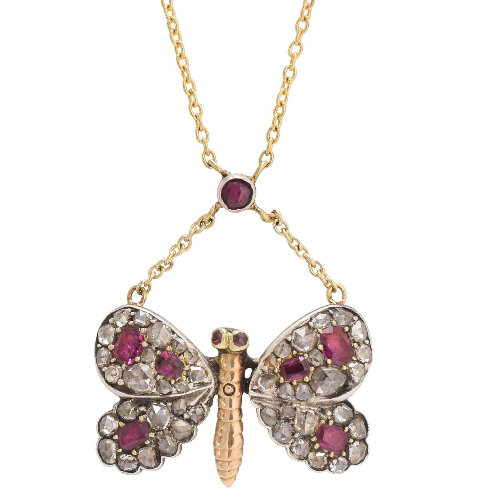 Antique Victorian Ruby Diamond Butterfly Necklace