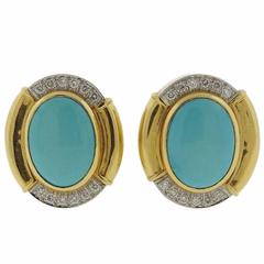 David Webb Turquoise Diamond  Gold Platinum Oval Earrings