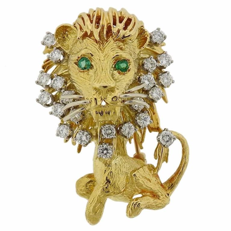 Gold Diamond Gemstone Lion Brooch Pin at 1stdibs