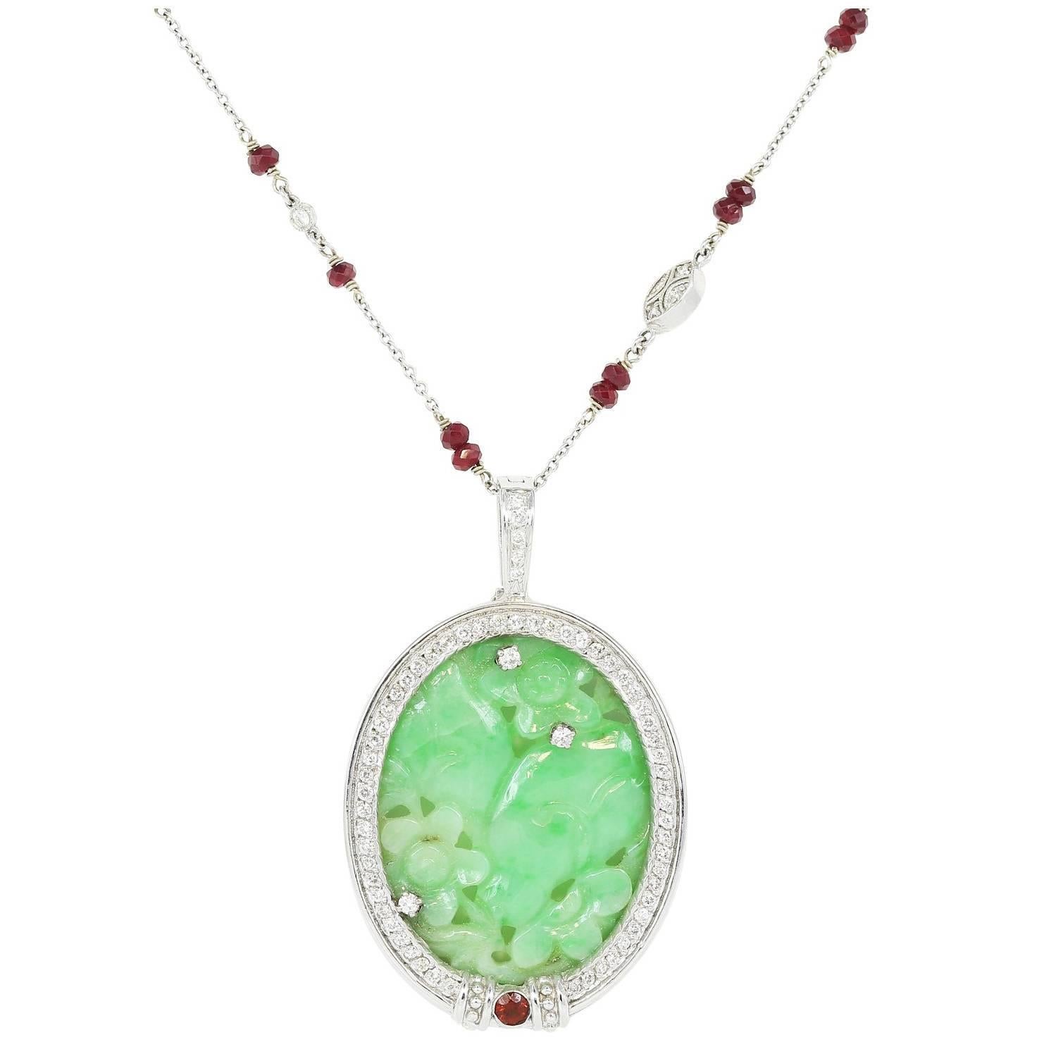 12 Carat Carved Jadeite Jade Pendant with Ruby Chain For Sale