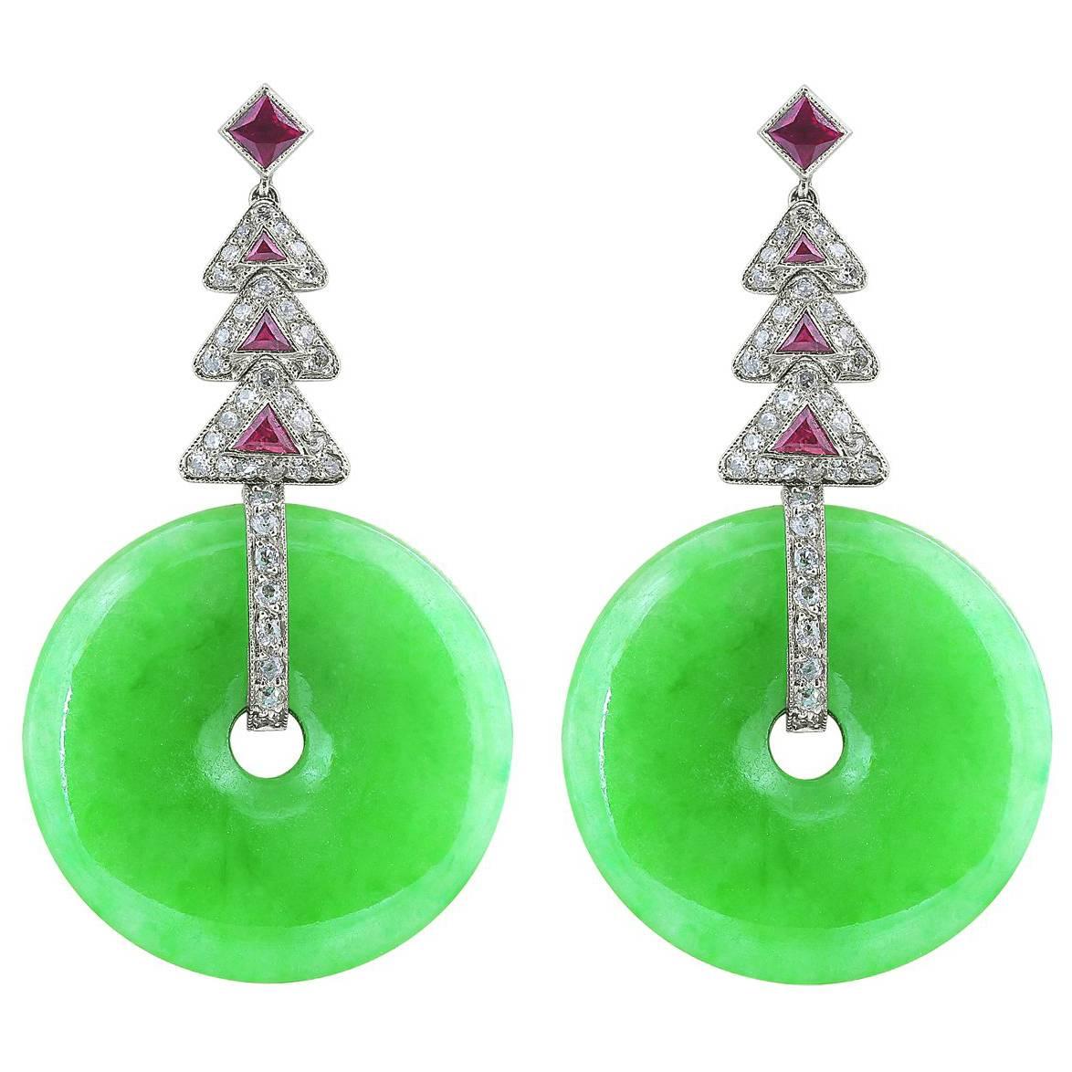 Art Deco Jadeite Jade, Ruby and Diamond Earrings