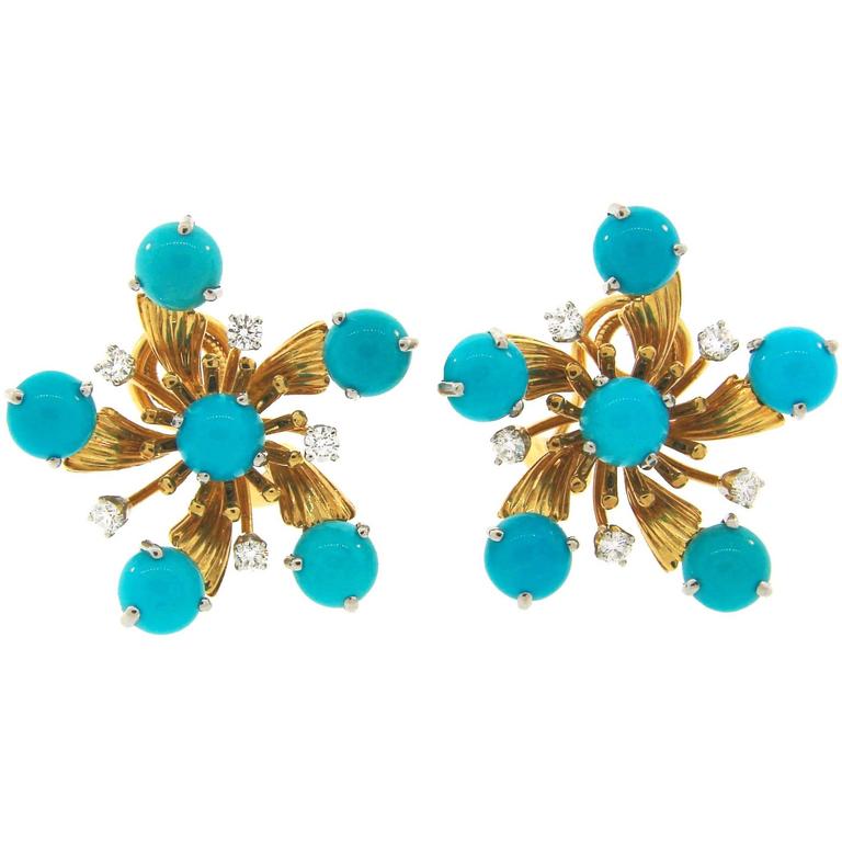 Tiffany and Co. by Schlumberger Turquoise Diamond Yellow Gold Earrings