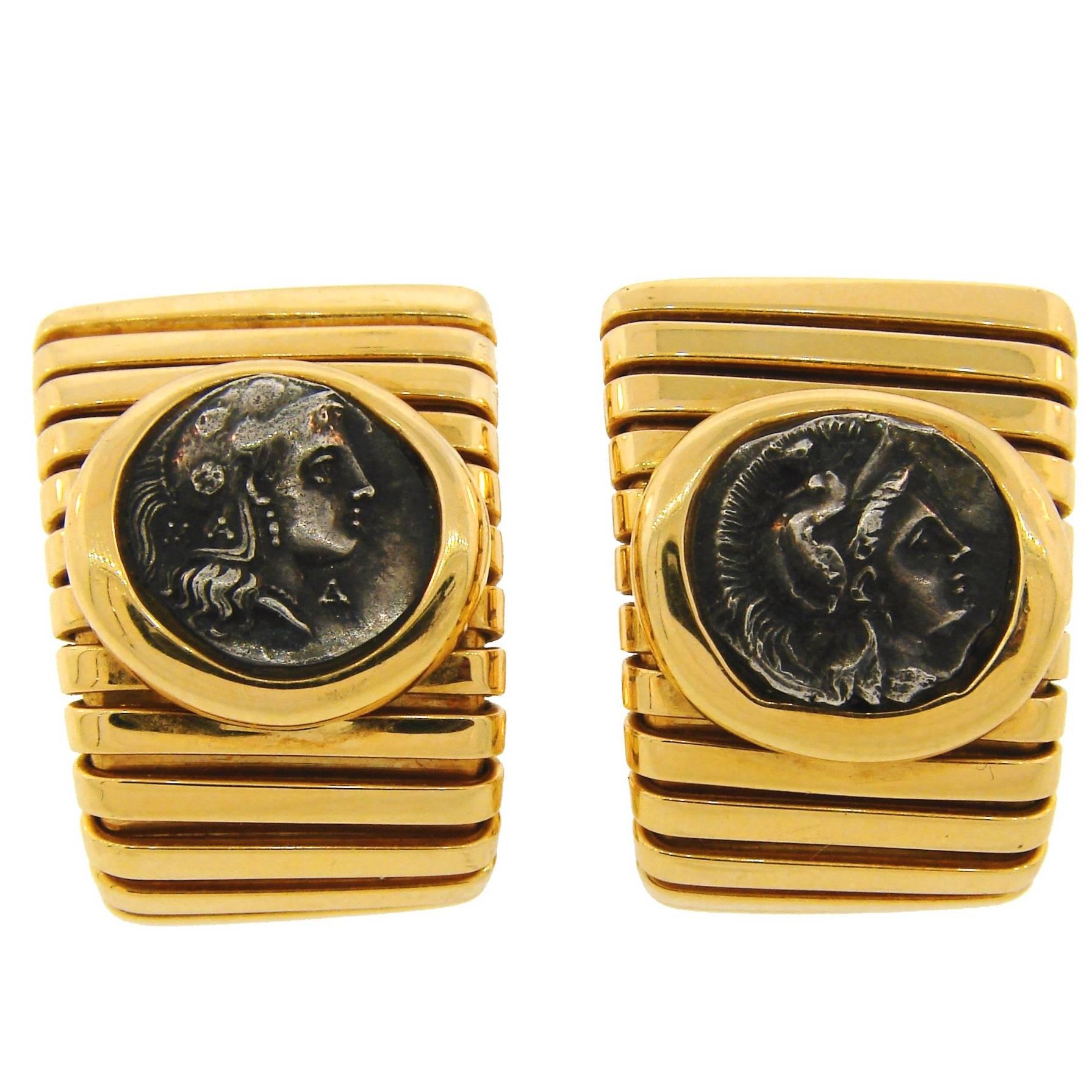 1970s Bulgari Ancient Roman Coin Yellow Gold Earrings Bvlgari