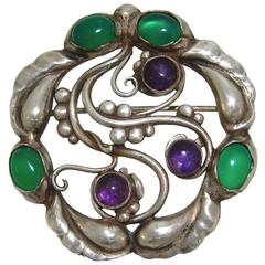 Georg Jensen Amethyst Chrysophrase Sterling Silver Pin Brooch Clip No.159