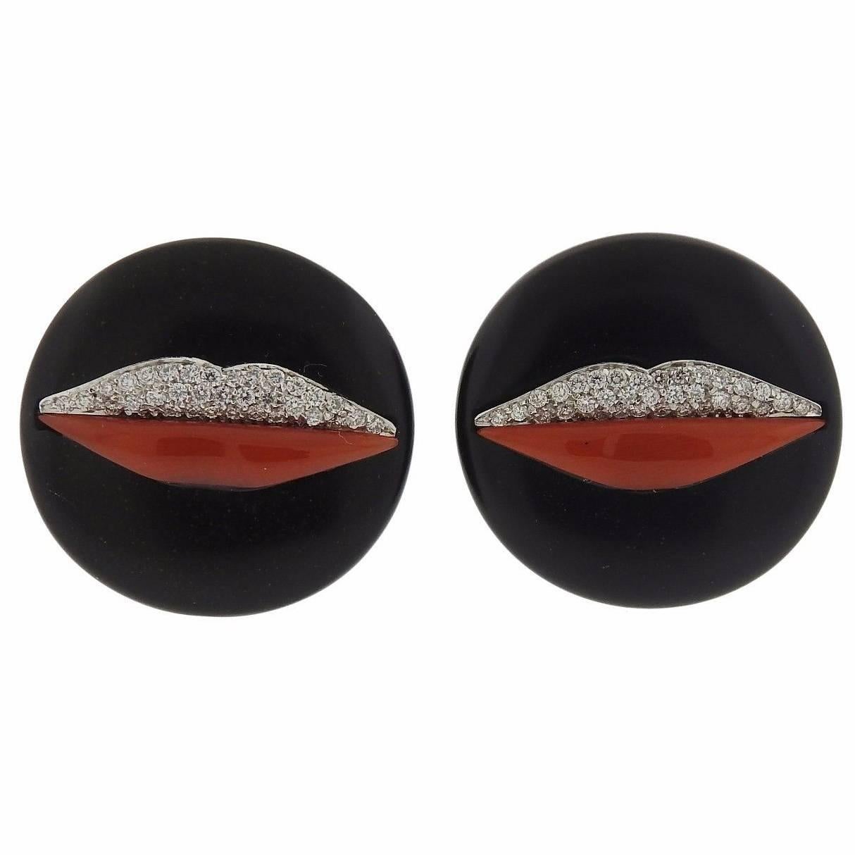 G. Bulgari Enigma Gold Diamond Jet Coral Lips Earrings For Sale