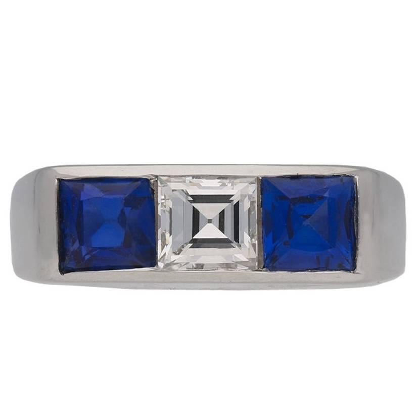 Cartier Diamond and Sapphire Three Stone Ring, French, circa 1950 For Sale