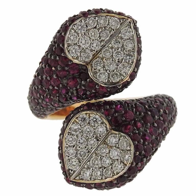 G. Bulgari Enigma Gold Diamond Ruby Heart Bypass Ring For Sale