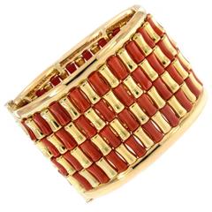 Red Coral Gold Hand-Fabricated Hinged Bracelet