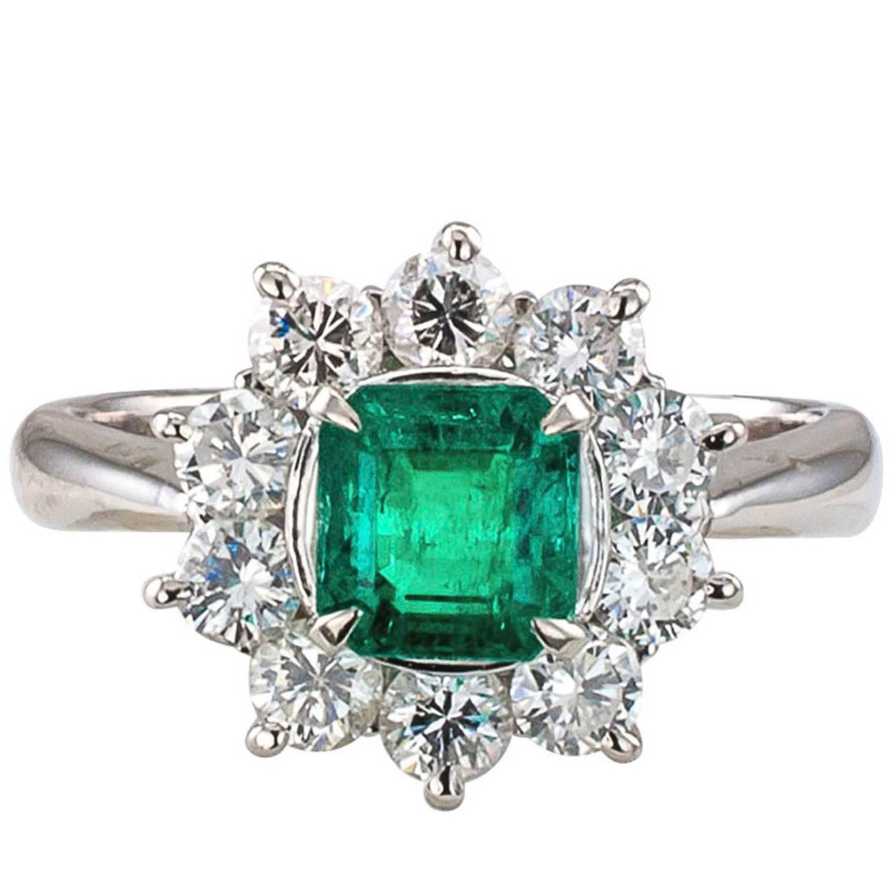 Emerald Diamond Cluster Platinum Ring