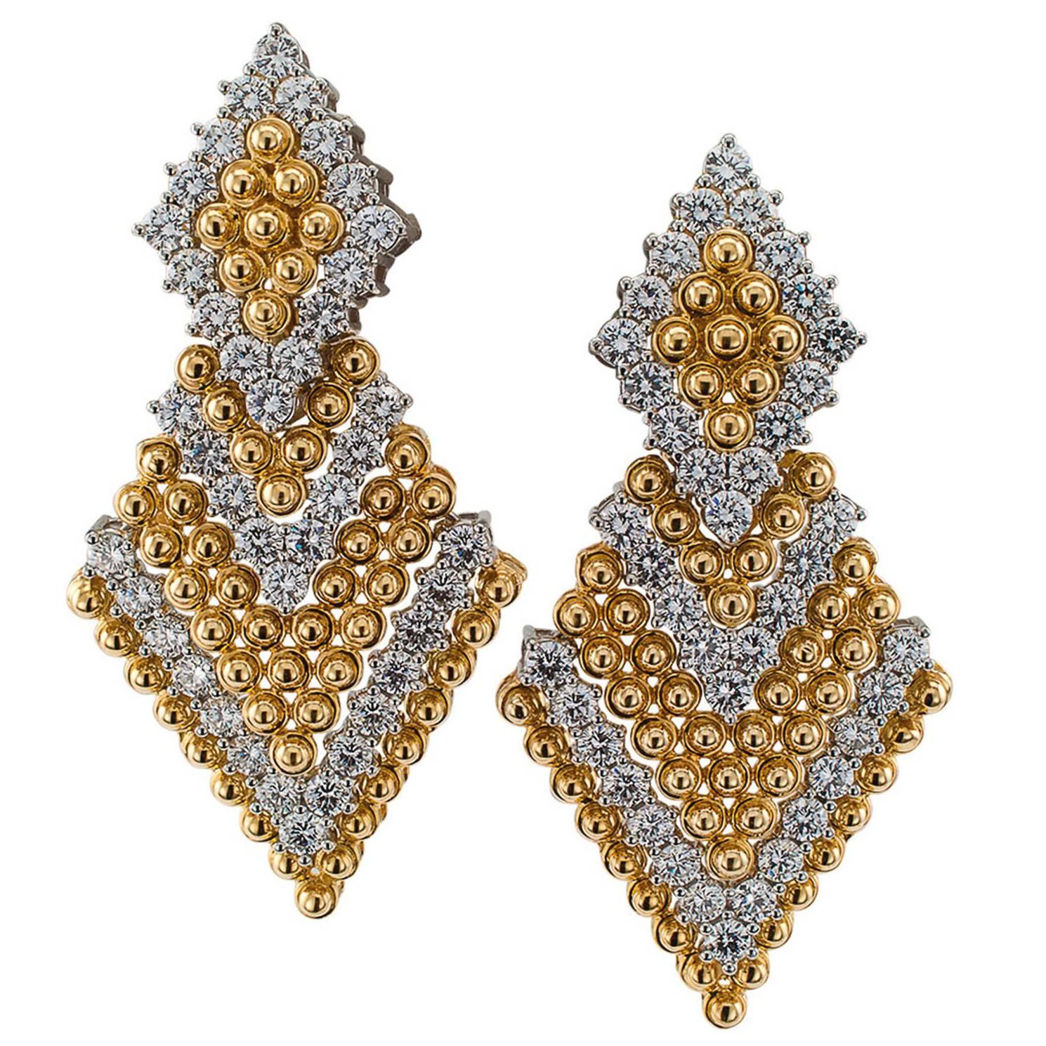 Triangular Door Knocker Diamond Yellow Gold Platinum Clipon Earrings