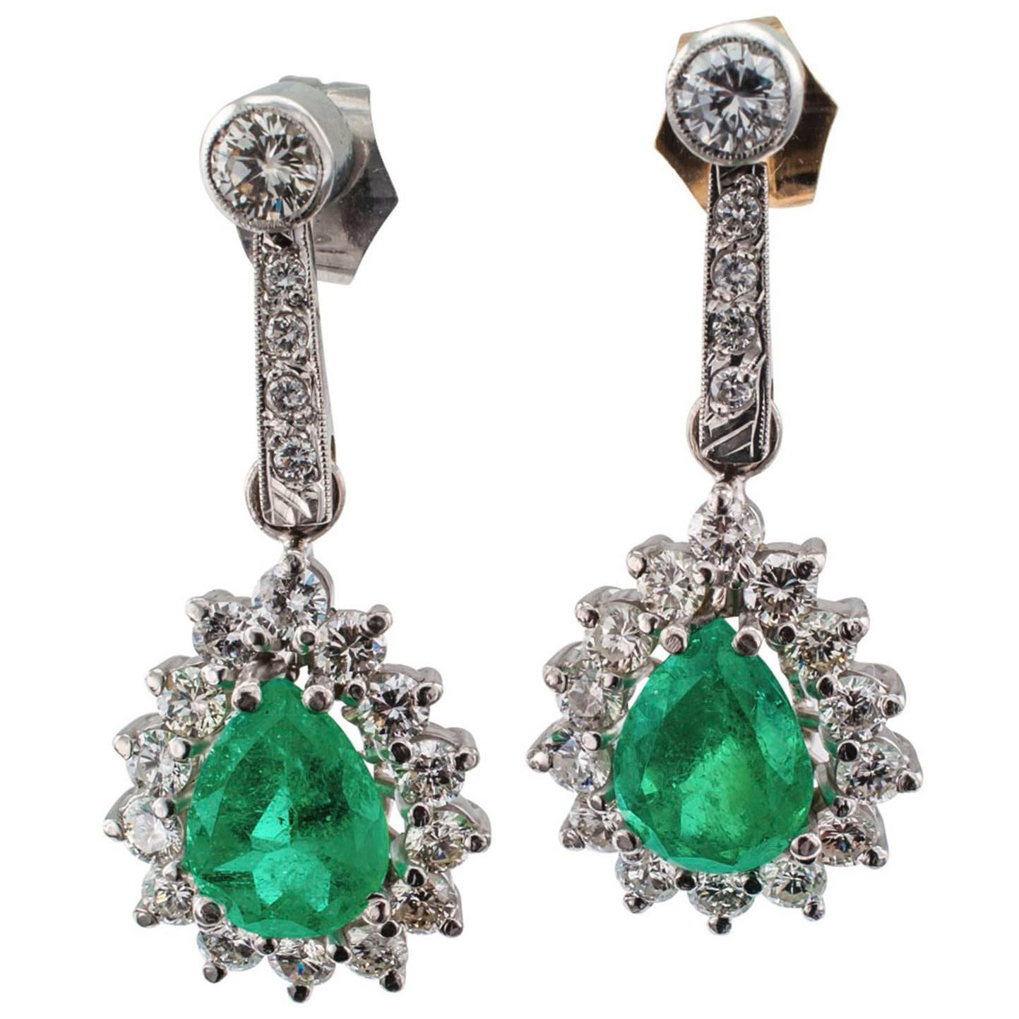 Pear Shaped Emerald Diamond White Gold Drop Earrings