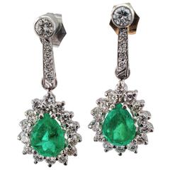 Pear-Shaped Emerald Diamond White Gold Drop Earrings 11