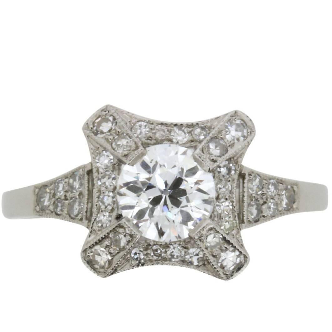 Art Deco Style Old Cut and Eight Cut Diamond Engagement Ring, circa 1950s