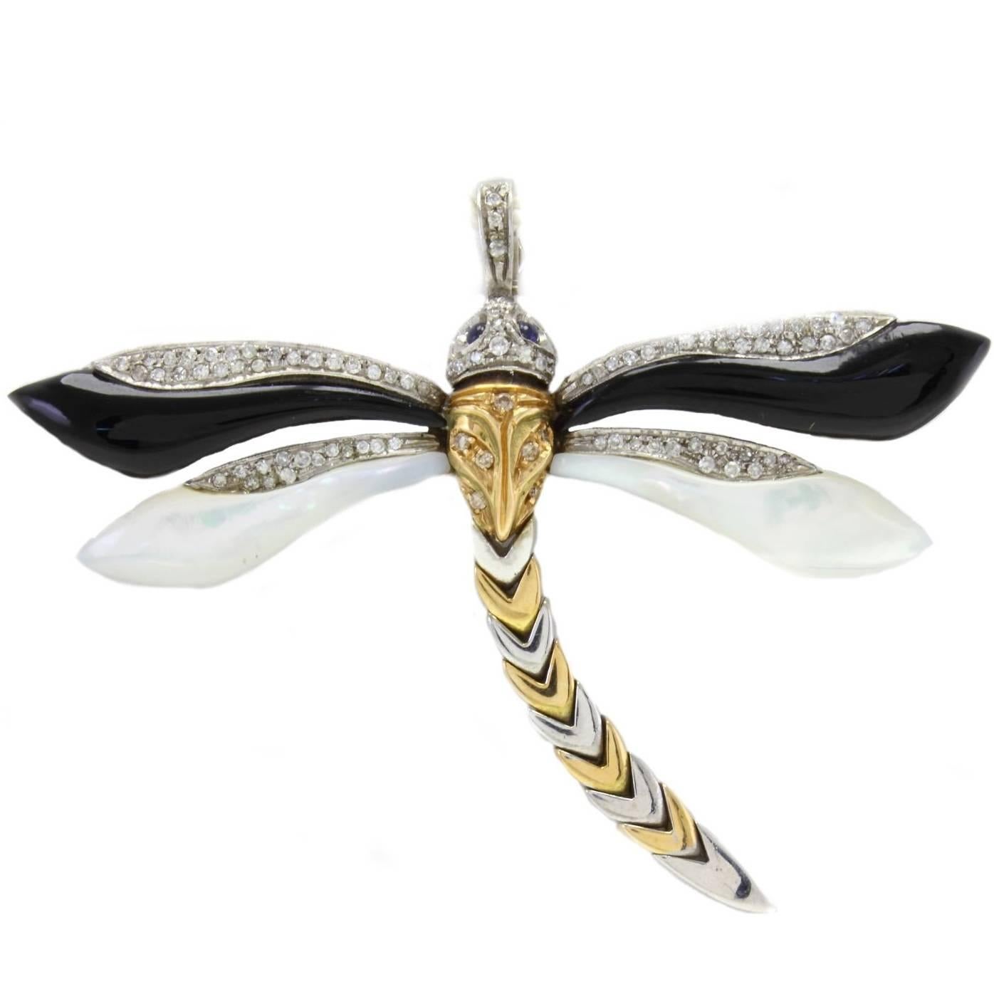  Gold Dragonfly Diamond Sapphire Onyx Mother-of-Pearl