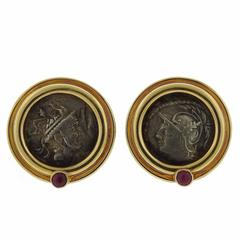 Large Gold Coin Ruby Earrings