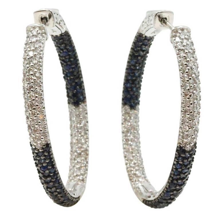 Sapphire Diamond White Gold Hoop Earrings For Sale