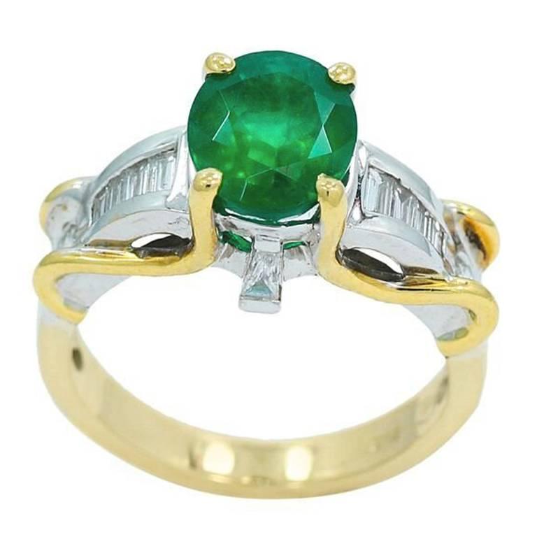 2.65 Carat Oval Emerald and  Diamond Engagement Ring For Sale