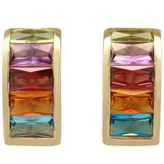 1970s Blue Topaz, Amethyst, Garnet, Peridot, Citrine Yellow Gold Earrings