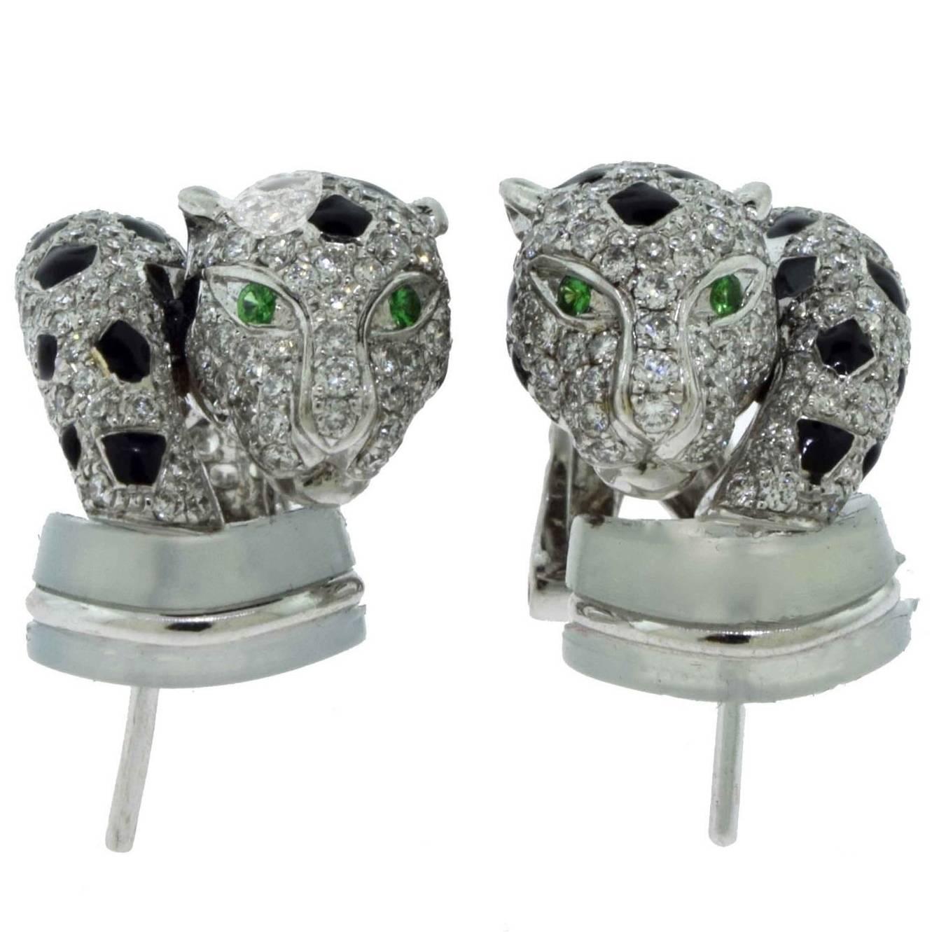 Diamond Panther Earrings with Emerald Eyes and Black Enamel, 4.5 Carat