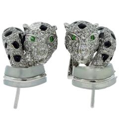 Diamond Panther Earrings with Emerald Eyes and Black Enamel, 4.5 Carat