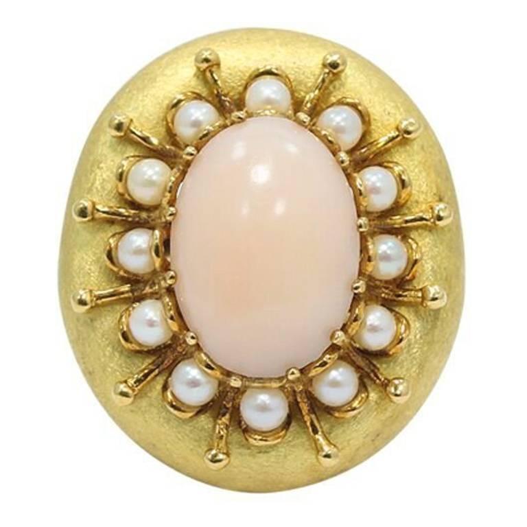 Angel Skin Coral Pearl Yellow Gold Ring For Sale