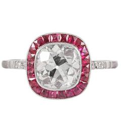 Old European Cut Diamond Ruby Platinum Solitaire Ring Old European Cut Diamond Ruby Platinum Solitaire Ring