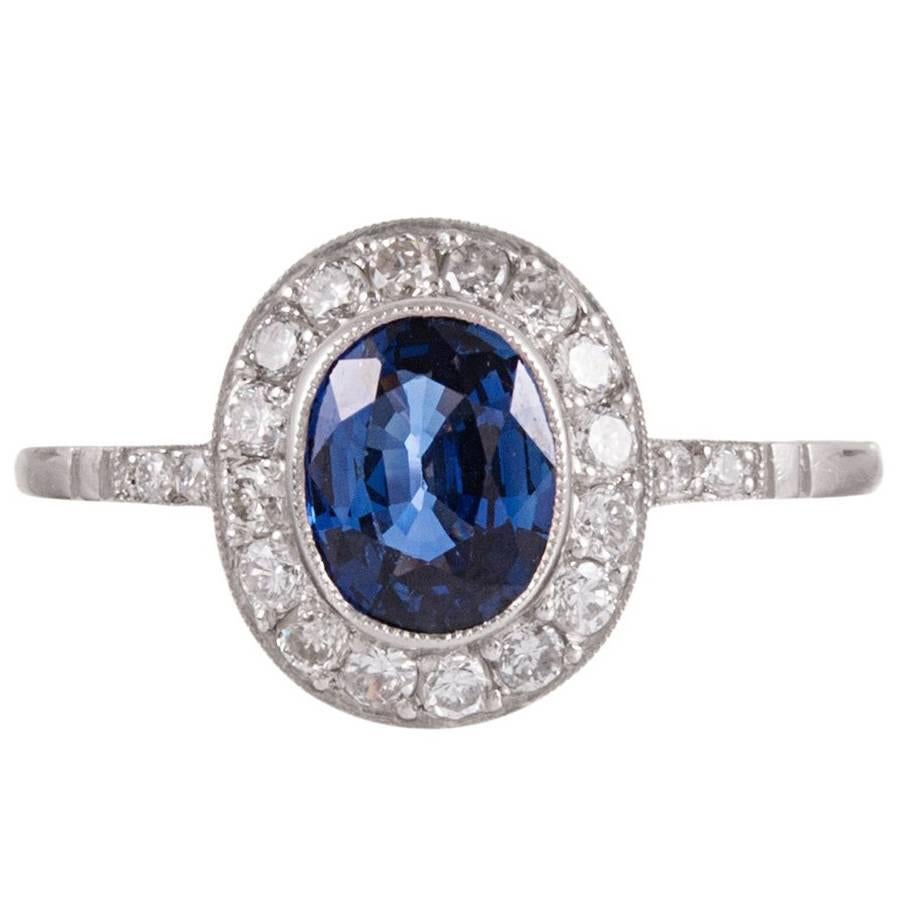 Sapphire Diamond Platinum Halo Solitaire Ring
