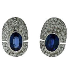 Oval Sapphire and Pave Diamond White Gold Earrings, 9.50 Carat 3