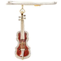 Stradivarius Diamond Enamel Gold Violin Brooch