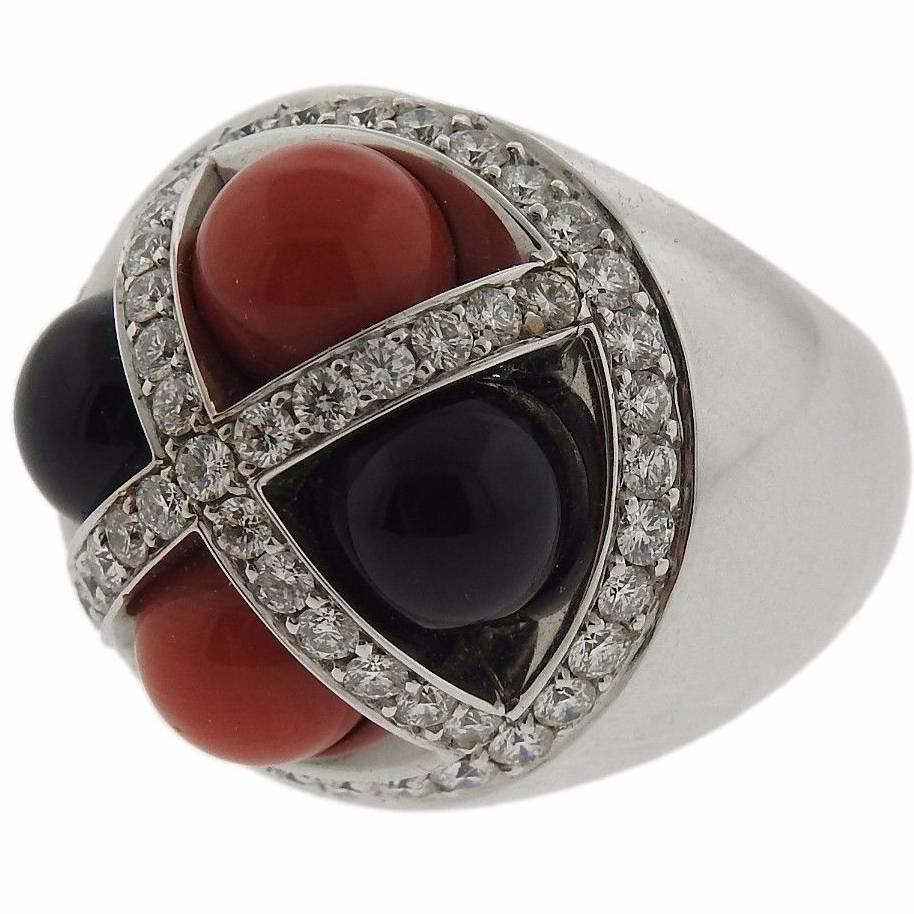 G. Bulgari Enigma Onyx Coral Diamond Gold Ring For Sale